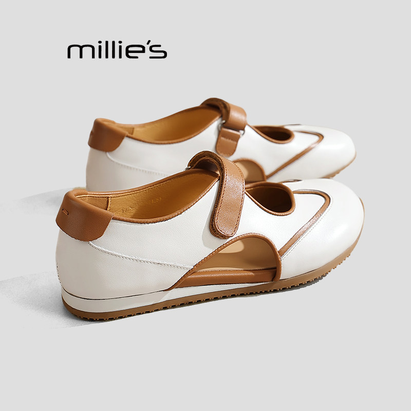 MILLIE'S/妙丽芭蕾风玛丽珍鞋女2026夏季白棕色舒适平底休闲鞋P