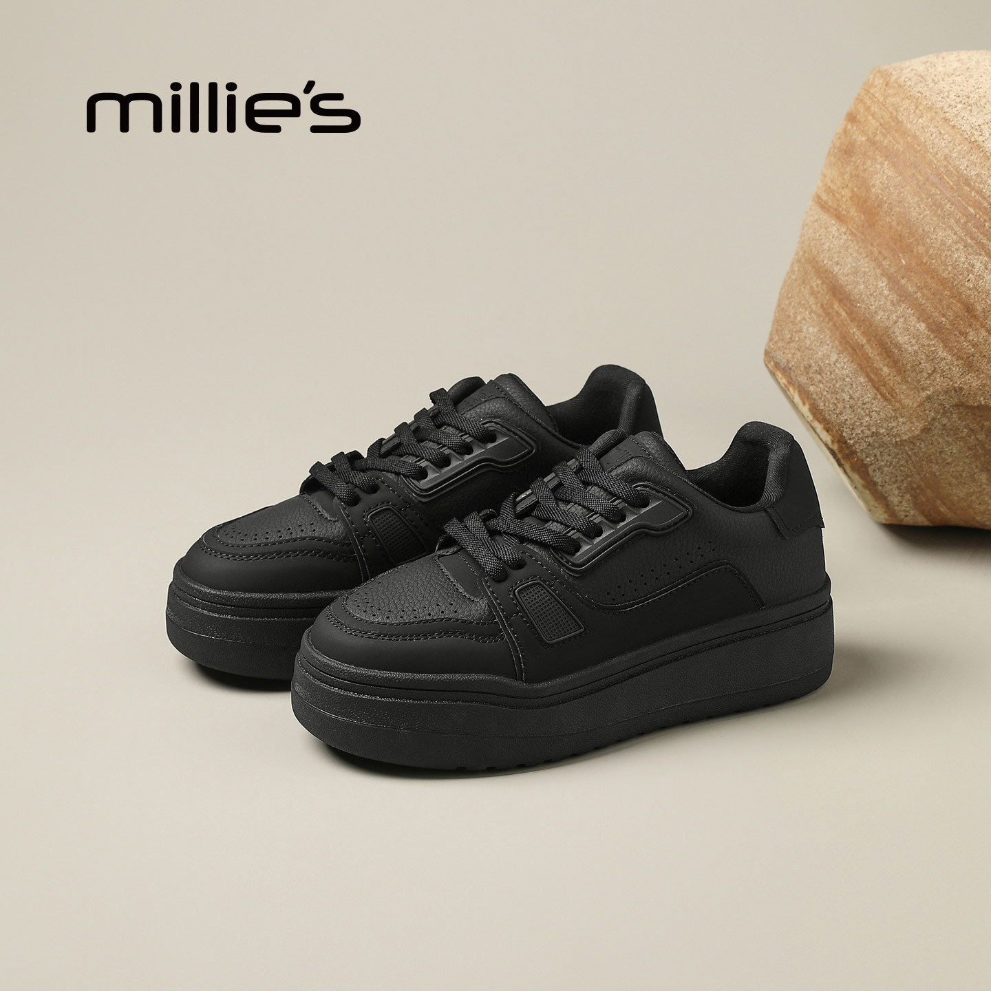 MILLIE'S/妙丽黑色厚底板鞋百搭休闲鞋增高运动鞋厚底增高女鞋Q