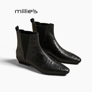 MILLIE 妙丽复古方头短筒切尔西靴棕色羊皮短靴女中跟女靴子Z