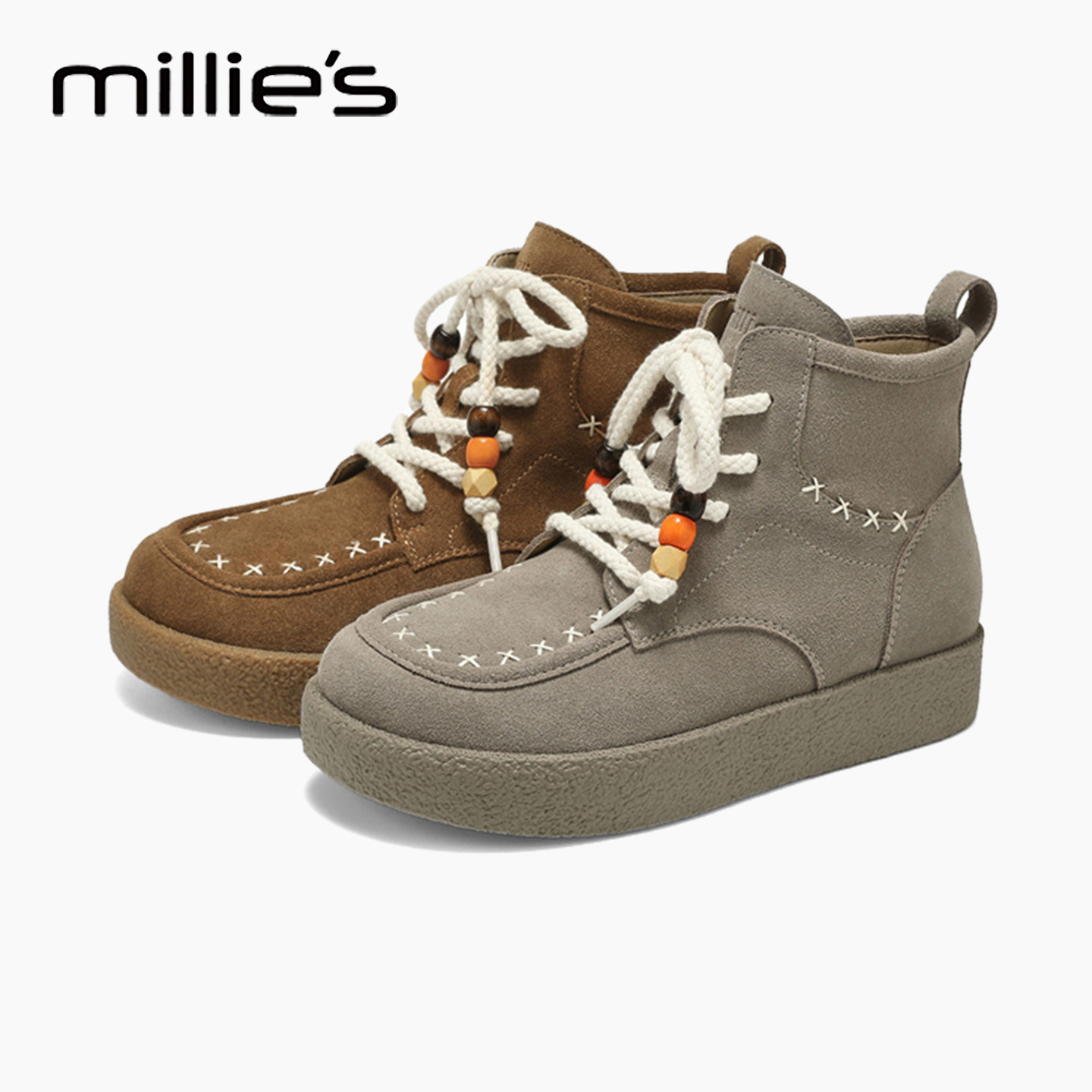 MILLIE'S/妙丽厚底马丁靴女款2026新款秋季真皮复古袋鼠鞋休闲鞋H