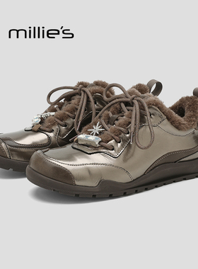 MILLIE'S/妙丽2025新款女鞋加绒保暖德训鞋银灰色软底真皮休闲鞋Q
