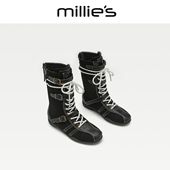 拼接时尚 MILLIE 雪地靴女C 系带车线中筒时装 靴秋季 妙丽2026新款