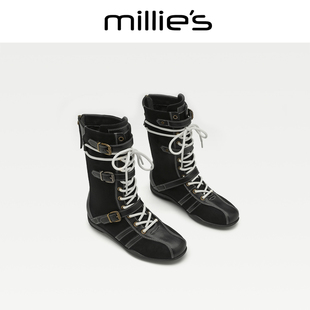 拼接时尚 妙丽2025新款 靴秋季 雪地靴女C 系带车线中筒时装 MILLIE
