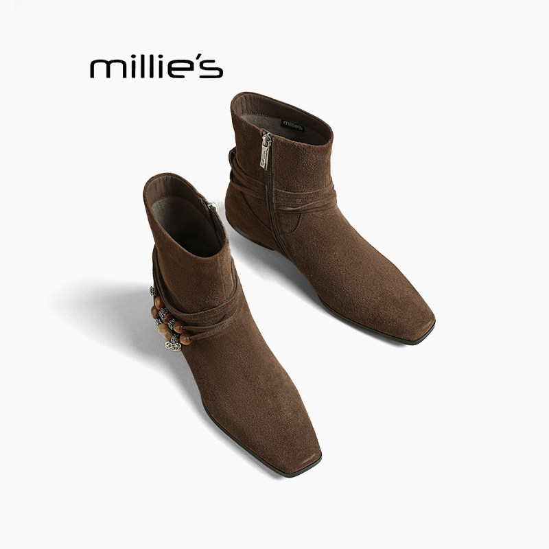MILLIE'S/妙丽复古真皮马丁靴串珠绑带褶皱中筒靴圆头低跟短靴Q