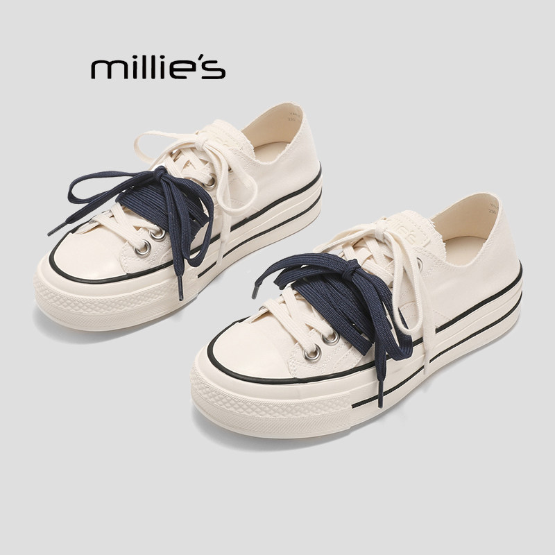 MILLIE'S/妙丽夏季薄款透气帆布鞋女巨好看双色鞋带软底休闲板鞋P