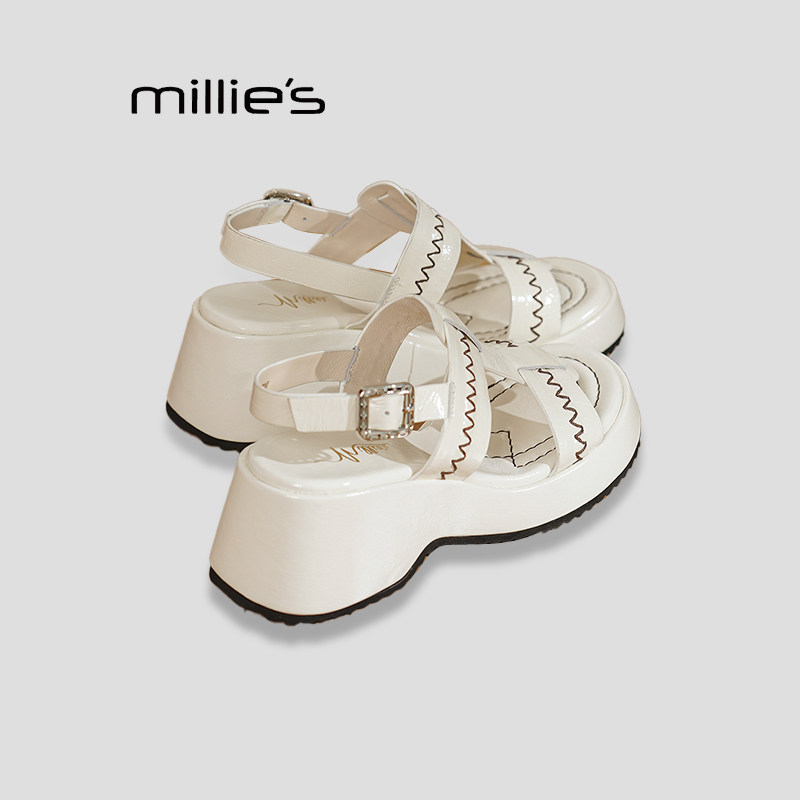 MILLIE'S/妙丽巨好看复古真皮罗马凉鞋女夏季款厚底增高坡跟凉鞋P