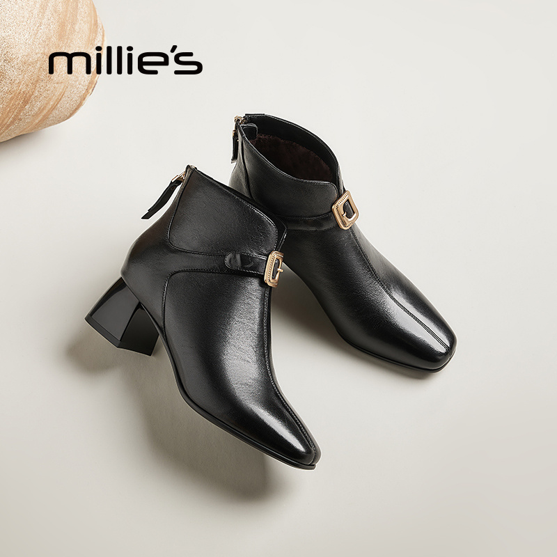 妙丽官方旗舰店法式复古高跟时装靴冬新款美拉德加绒加厚短靴大码