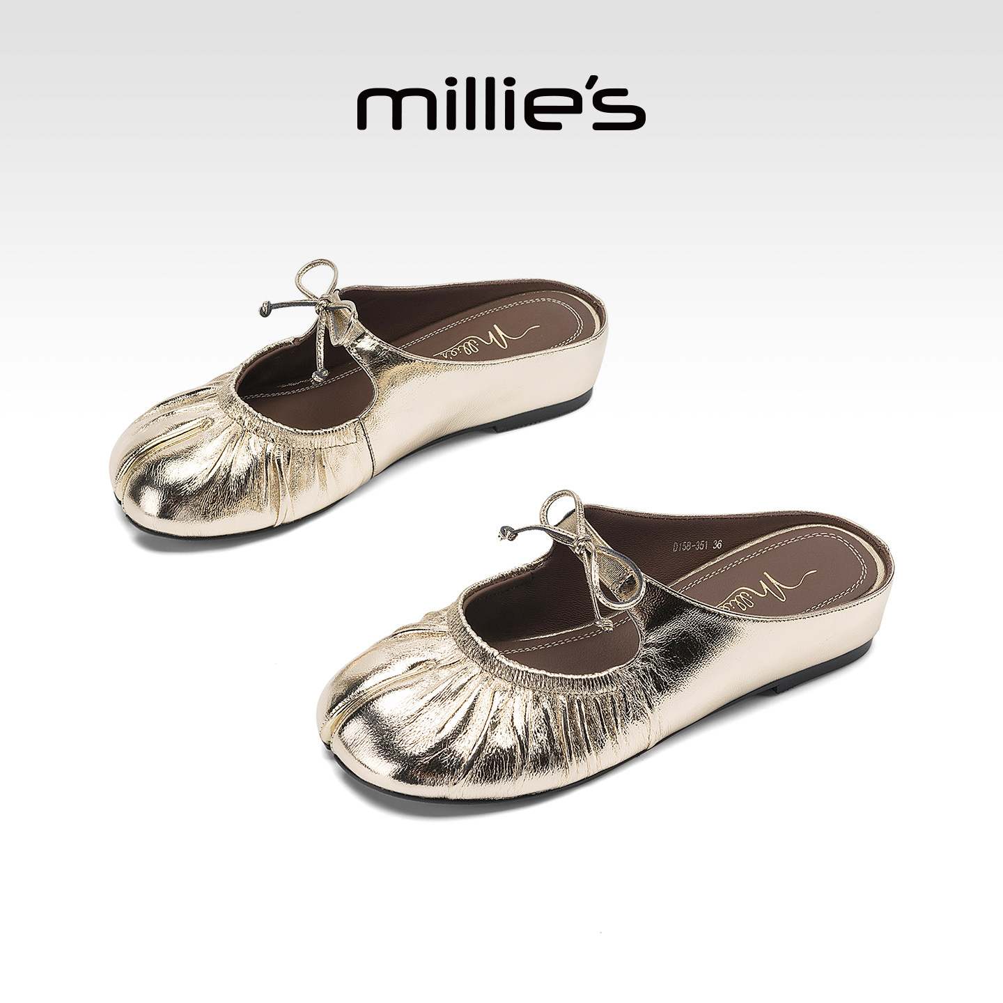 MILLIE'S/妙丽玛丽珍鞋女夏季金色蝴蝶结绑带平底鞋法式复古风K