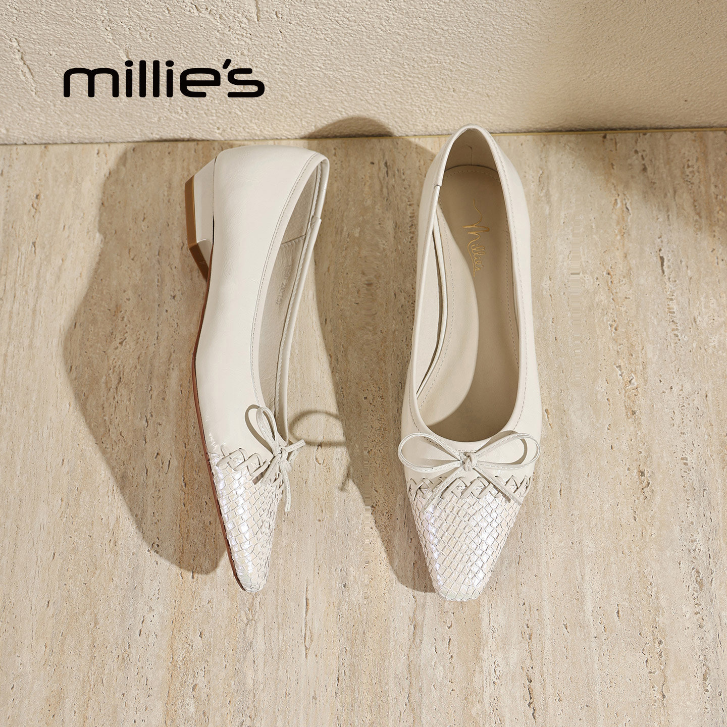 MILLIE'S/妙丽编织蝴蝶结芭蕾鞋春季女米白色浅口低跟轻熟风单鞋Q,女鞋,时尚芭蕾鞋,淘宝优惠券,粉丝福利购,淘宝优惠卷