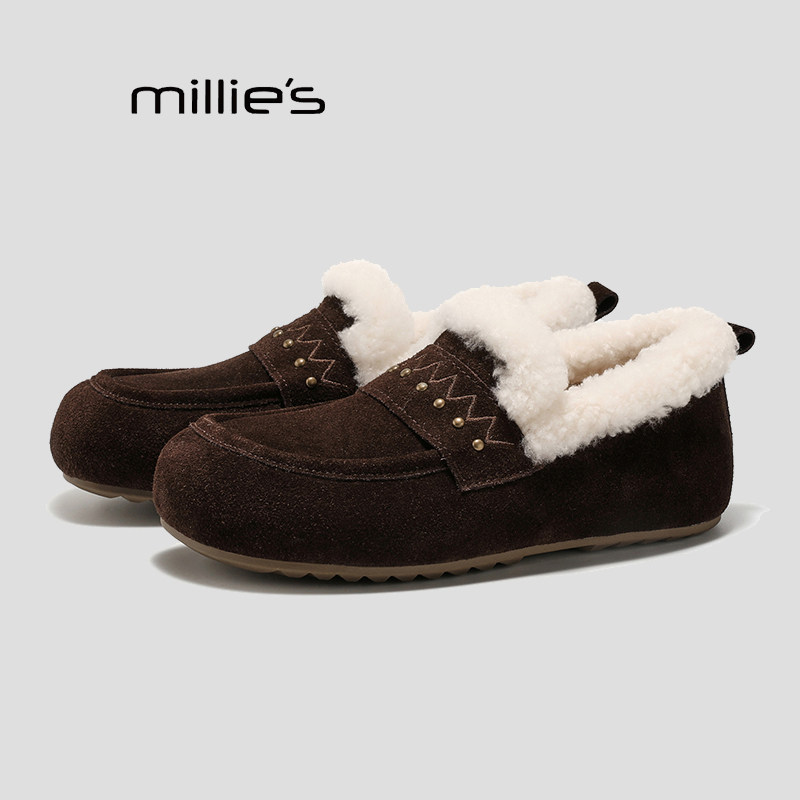 MILLIE'S/妙丽毛毛鞋冬季加绒保暖懒人乐福鞋一脚蹬舒适毛绒鞋P