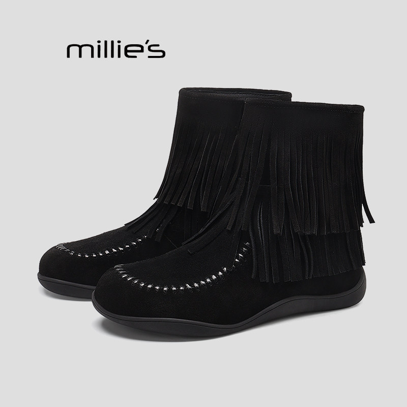 MILLIE'S/妙丽2026复古流苏西部靴麂皮平底百搭短靴秋季新款pi
