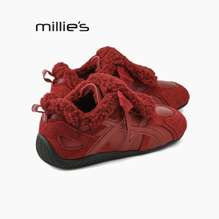 红色棉鞋 MILLIE 女保暖厚底内增高运动鞋 妙丽复古翻毛皮老爹鞋