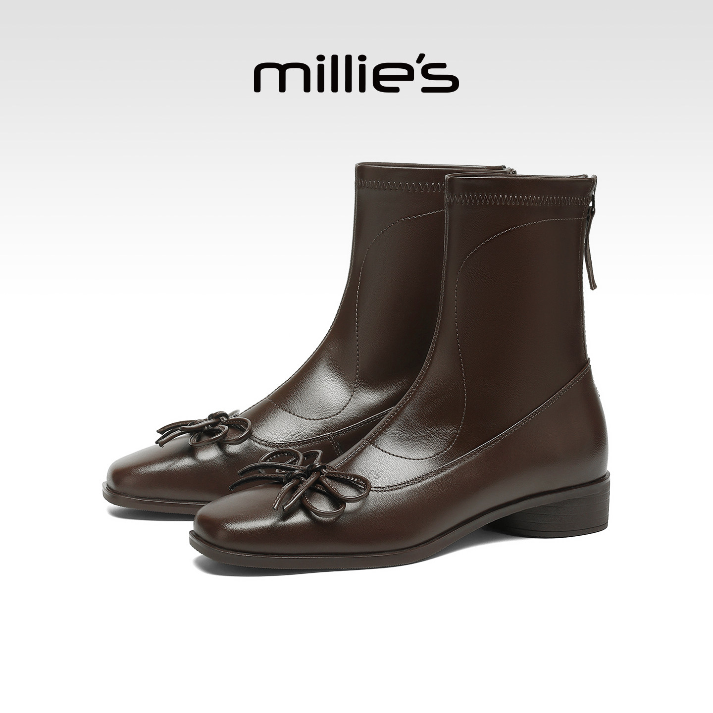 MILLIE'S/妙丽2026新款法式小众方头真皮松紧切尔西粗跟及踝靴Z