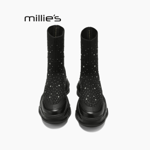 MILLIE'S/妙丽内增高跟马丁靴女鞋爆弹力袜子靴厚底小个子短靴女Q