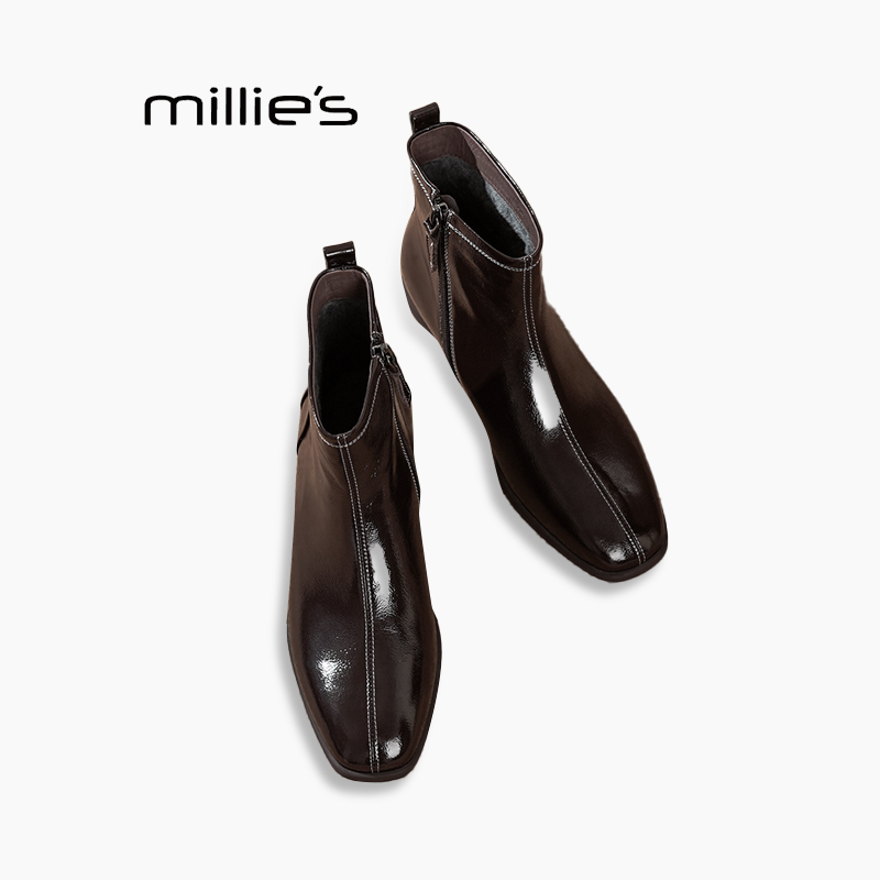 妙丽真皮方头粗跟短靴巨好看