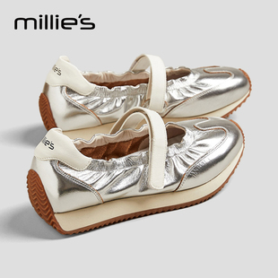 妙丽官方旗舰店真皮运动玛丽珍鞋女款2026夏季新款魔术贴银色单鞋