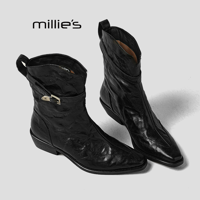 MILLIE'S/妙丽真皮英伦中筒靴女士秋季加绒方头皮带扣气质时装靴P