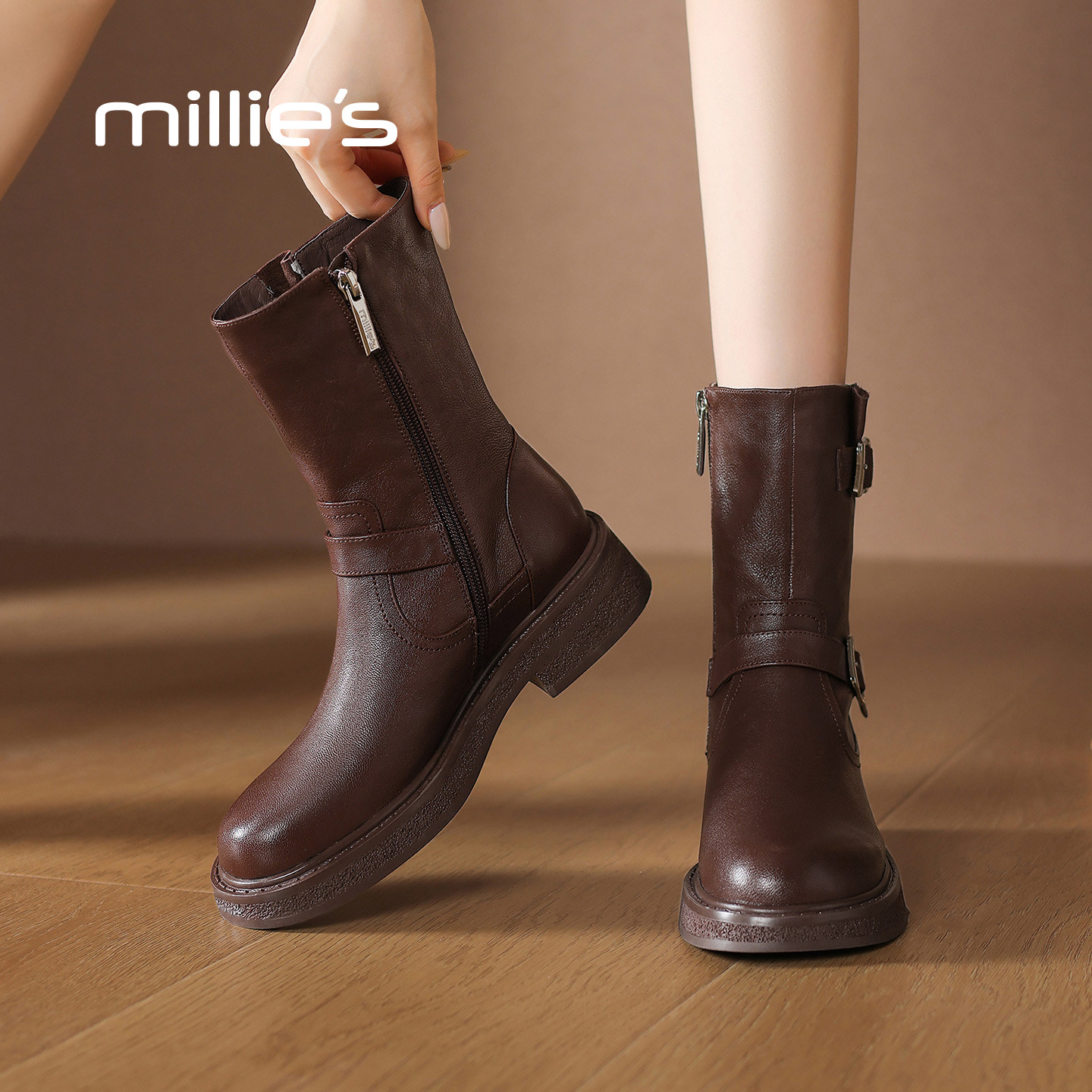MILLIE'S/妙丽2026新款秋冬复古英伦风时尚厚底机车靴百搭时装靴Q