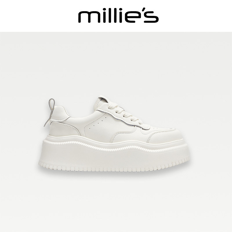 MILLIE'S/妙丽真皮厚底增高松糕板鞋女松糕底轻便透气休闲小白鞋C,女鞋,时尚休闲鞋,淘宝优惠券,粉丝福利购,淘宝优惠卷