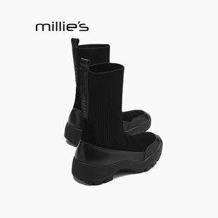 MILLIE 妙丽黑色厚底弹力靴女中筒袜靴针织拼接瘦瘦靴子百搭Z