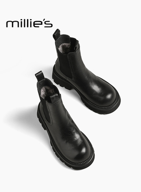 MILLIE'S/妙丽2025新款英伦风厚底女靴切尔西靴黑色马丁靴短靴Q