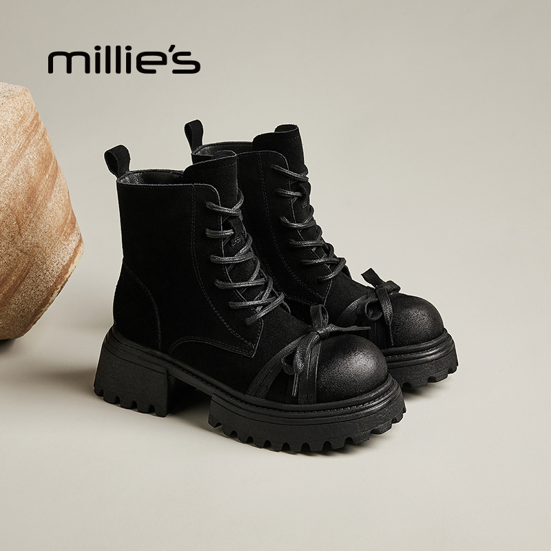 妙丽官方旗舰店圆头粗跟蝴蝶结绑带装饰复古百搭时尚马丁靴冬大码