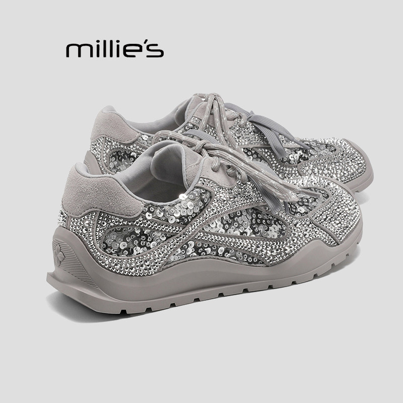MILLIE'S/妙丽秋季新款真皮水钻亮片时尚百搭厚底休闲运动阿甘鞋K