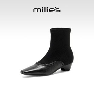 MILLIE'S/妙丽25年新款弹力切尔西靴子短靴女平底袜靴尖头瘦瘦靴Z