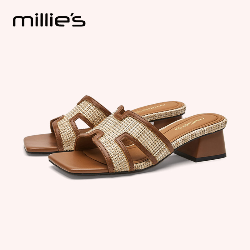 MILLIE'S/妙丽编织粗跟一字拖女2026新品外穿高级感百搭凉拖鞋