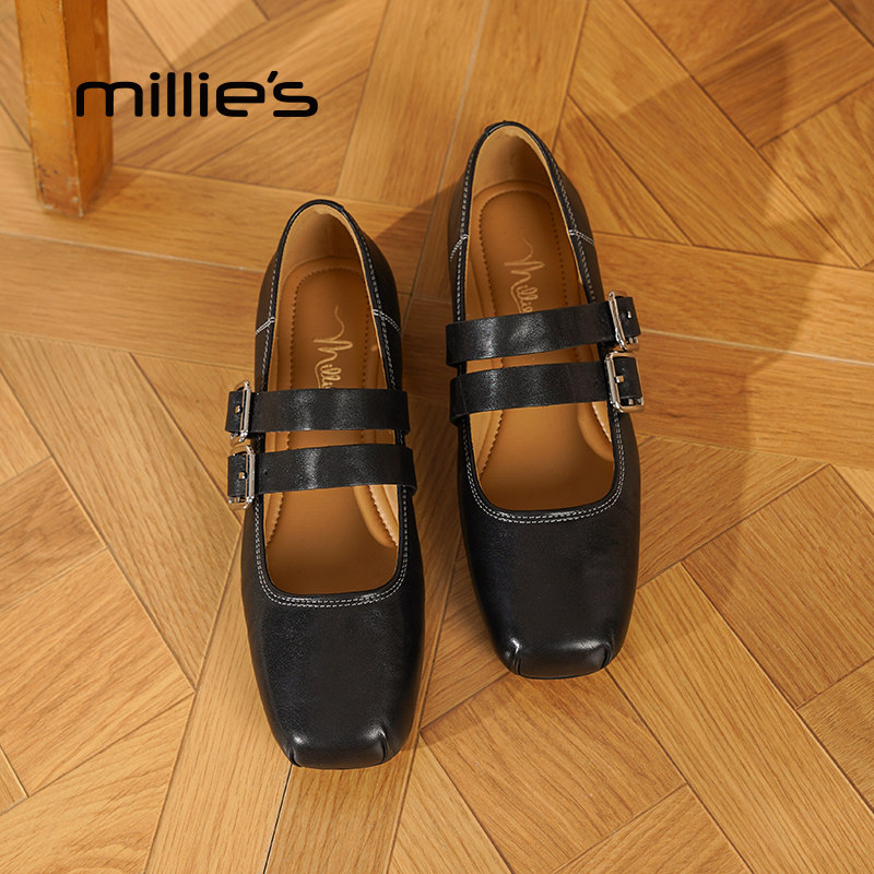 妙丽官方旗舰店真皮浅口黑色单鞋女配裙子法式绝美不累脚小跟鞋