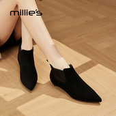 妙丽官方旗舰店尖头时装 靴女秋冬大码 羊绒皮及裸靴低跟切尔西短靴