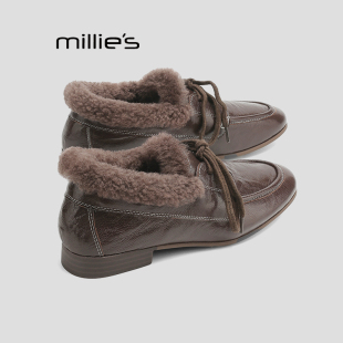 MILLIE'S/妙丽复古英伦风保暖加绒乐福鞋秋冬真皮圆头系带单鞋女Q