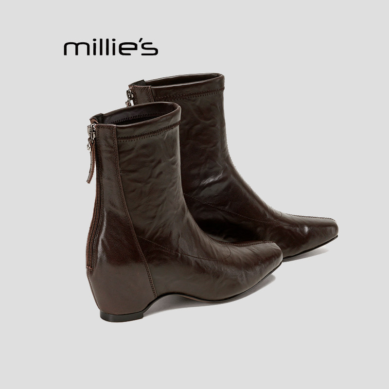 MILLIE'S/妙丽内增高坡短靴女2026新款后拉链皮面及踝靴显瘦靴HZ