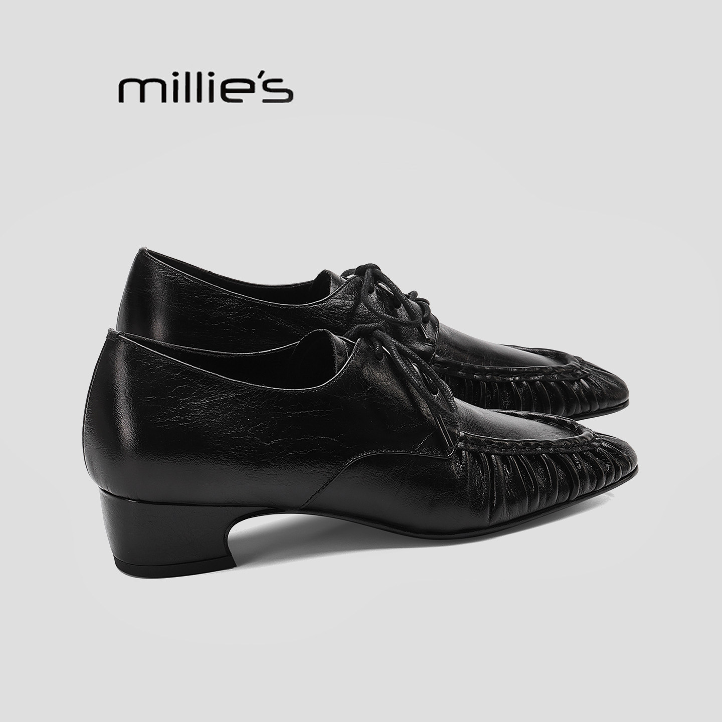 MILLIE'S/妙丽英伦风系带乐福鞋女2026黑色真皮粗跟通勤单鞋百搭K