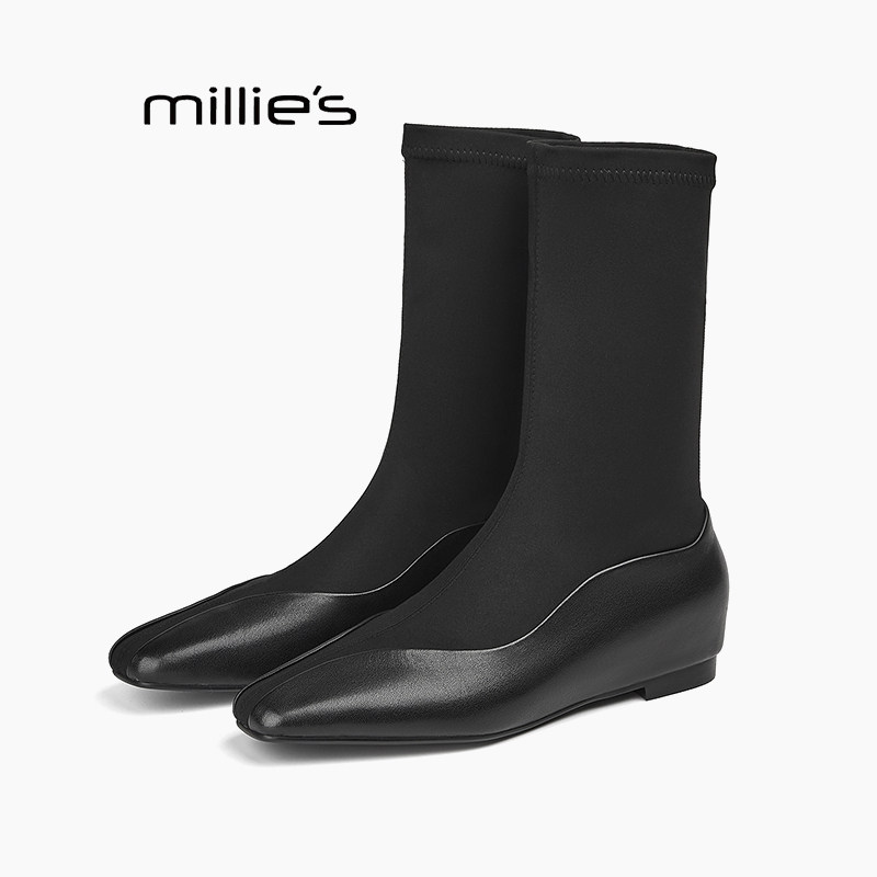 MILLIE'S/妙丽牛皮方头弹力黑色瘦瘦靴冬季平底长靴拼接袜靴裸靴