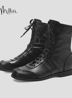 MILLIE'S/妙丽真皮系带马丁靴女黑色低跟短靴显瘦不累脚户外靴Q