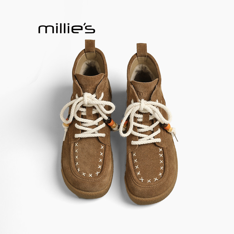 MILLIE'S/妙丽真皮厚底勃肯鞋高帮鞋百搭休闲豆豆鞋系带乐福鞋Z