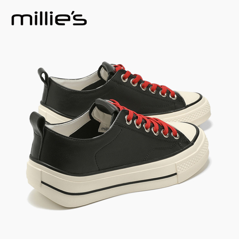 MILLIE'S/妙丽2025新款厚底透气帆布鞋女真皮休闲增高小白鞋秋季,女鞋,时尚休闲鞋,淘宝优惠券,粉丝福利购,淘宝优惠卷
