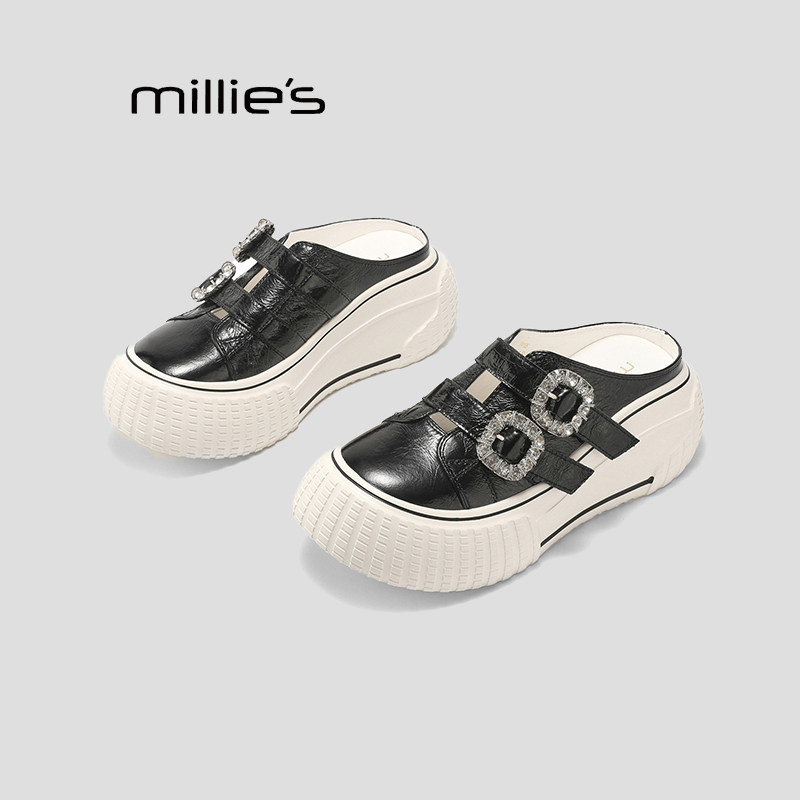 MILLIE'S/妙丽真皮包头半拖鞋女夏季水钻扣厚底穆勒鞋外穿凉鞋P