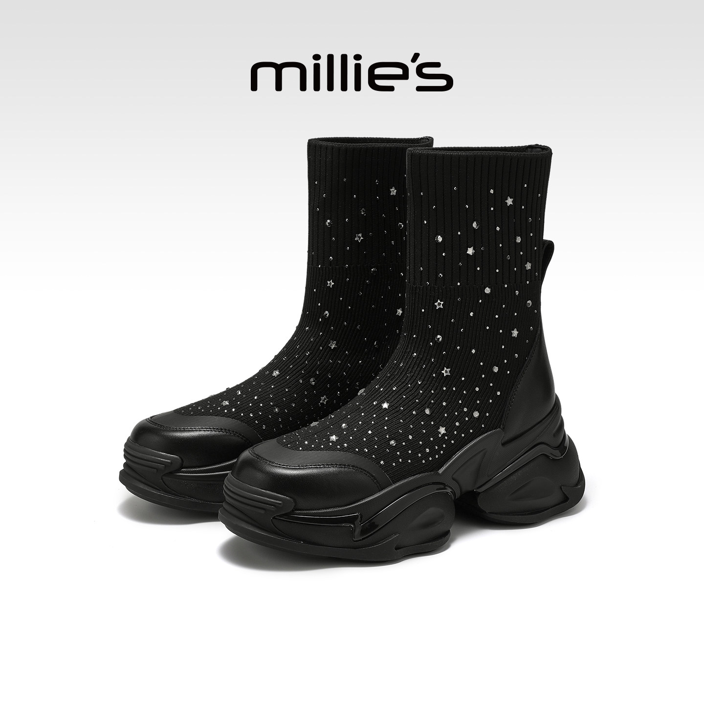 MILLIE'S/妙丽黑色星星亮片弹力袜靴女中筒厚底马丁靴潮酷短靴P