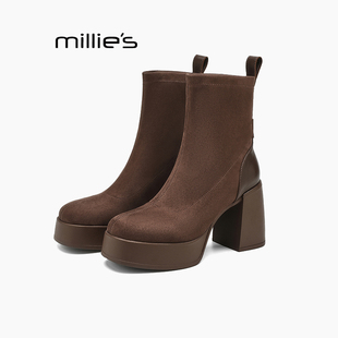 磨砂皮厚底瘦瘦靴西部靴Z 妙丽粗跟短靴女2025新款 MILLIE