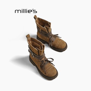 真皮厚底皮带扣马丁靴复古大黄靴中筒靴Z 妙丽2025新款 MILLIE