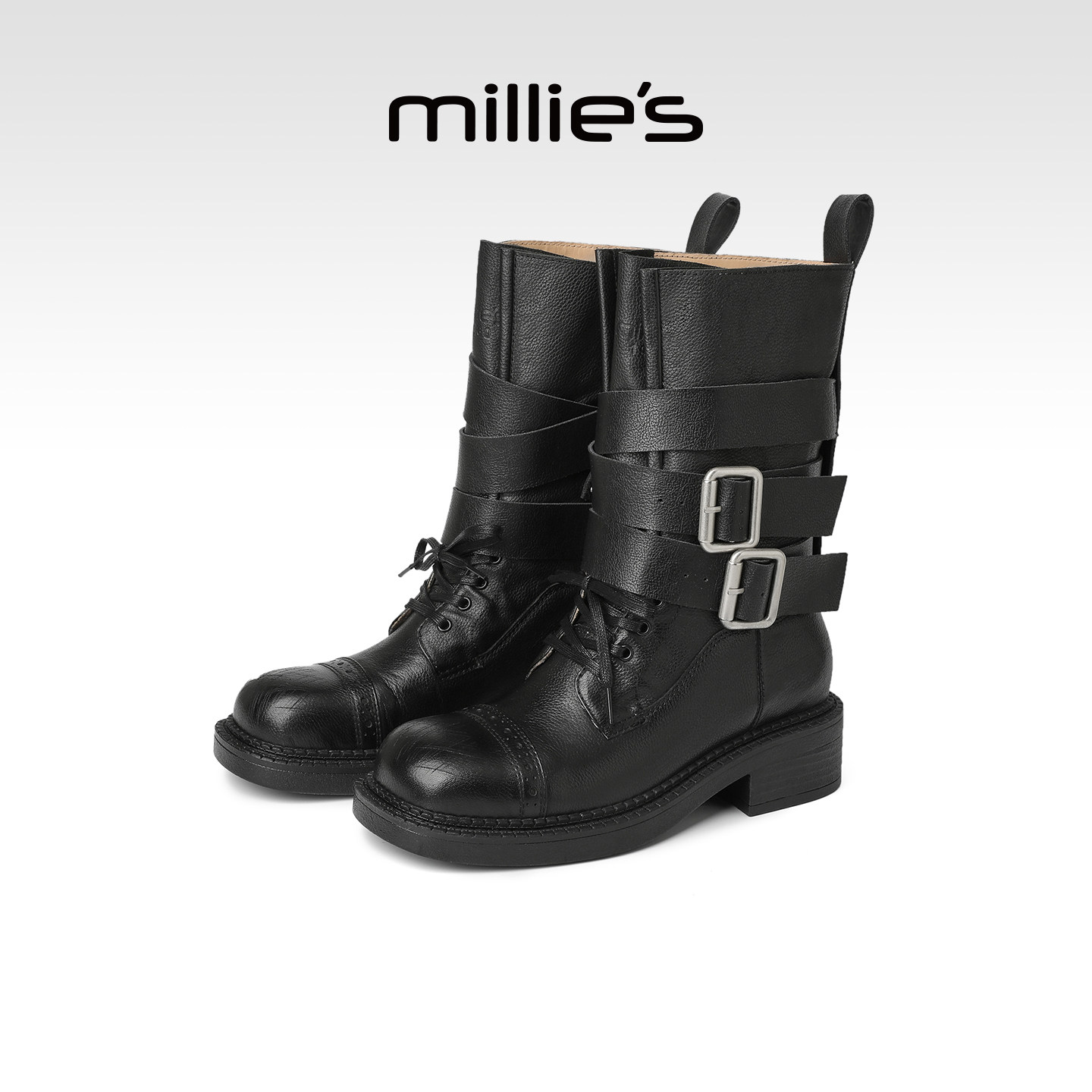 MILLIE'S/妙丽2026新款秋冬复古做旧机车靴百搭休闲中筒马丁靴女P