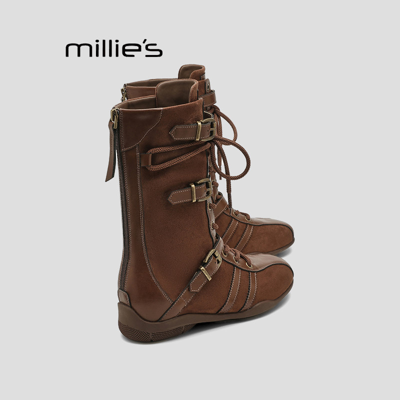 MILLIE'S/妙丽平底内增高马丁靴女冬款加绒磨砂皮系带短靴德训靴Z