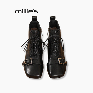 短筒复古皮带扣高跟英伦风真皮马丁靴时装 妙丽女鞋 靴女Z MILLIE