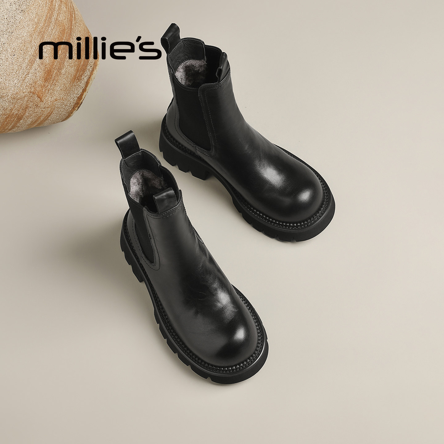 MILLIE'S/妙丽2026新款英伦风厚底增高短靴女款时尚百搭马丁靴Q