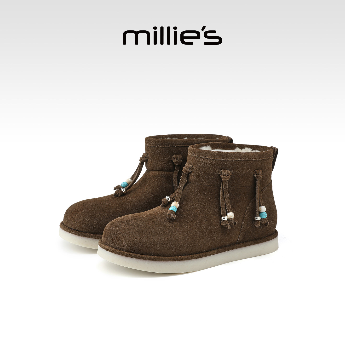 MILLIE'S/妙丽麂皮短靴2026秋冬新款加绒保暖流苏装饰真皮靴女Q