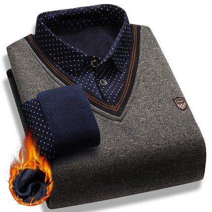 Men's Plush Sweater Autumn Winter Fake Two Piece Pullover P