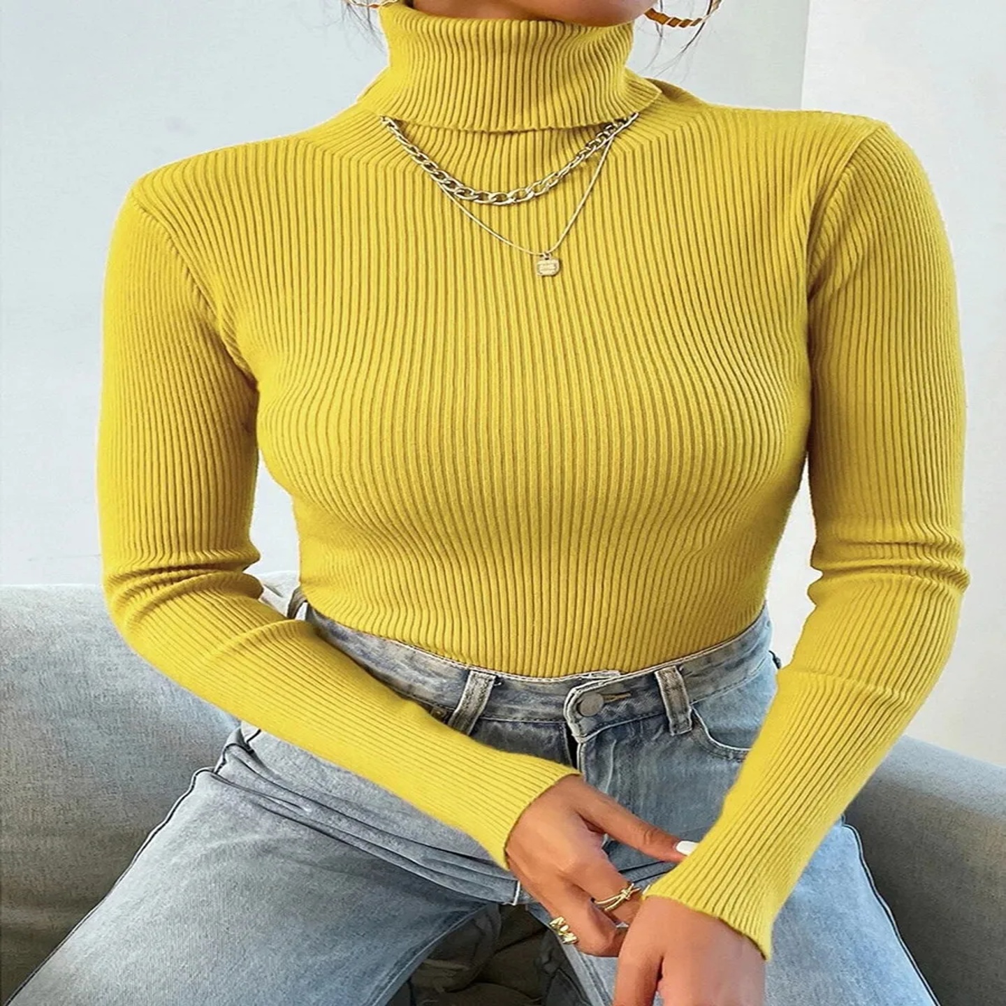 2025 Autumn Winter Women Knit Solid Turtleneck Pull Sweater