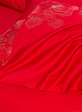 4Pcs Luxury Flowers Embroidery 1400TC Egyptian Cotton Red W